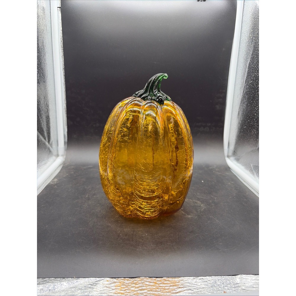 Amber Crackle Glass Pumpkin Hand Blown Tall Gourd Figurine Green Stem 8.5"